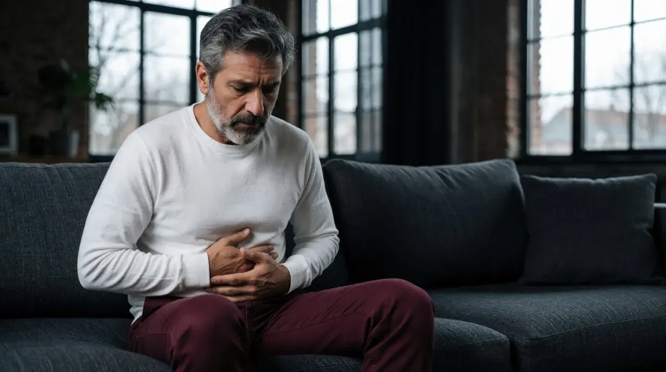 Man sitting on a sofa holding his stomach
