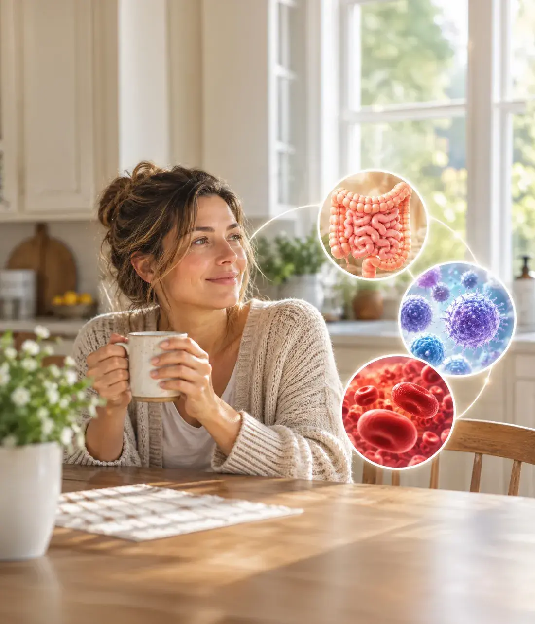 Woman relaxing at home with a cup of tea, surrounded by illustrations of gut microbes and immune cells