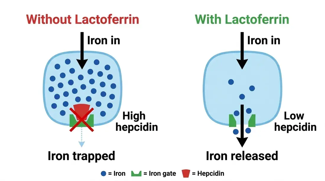 Diagram: without lactoferrin, high hepcidin traps iron; with lactoferrin, low hepcidin releases iron