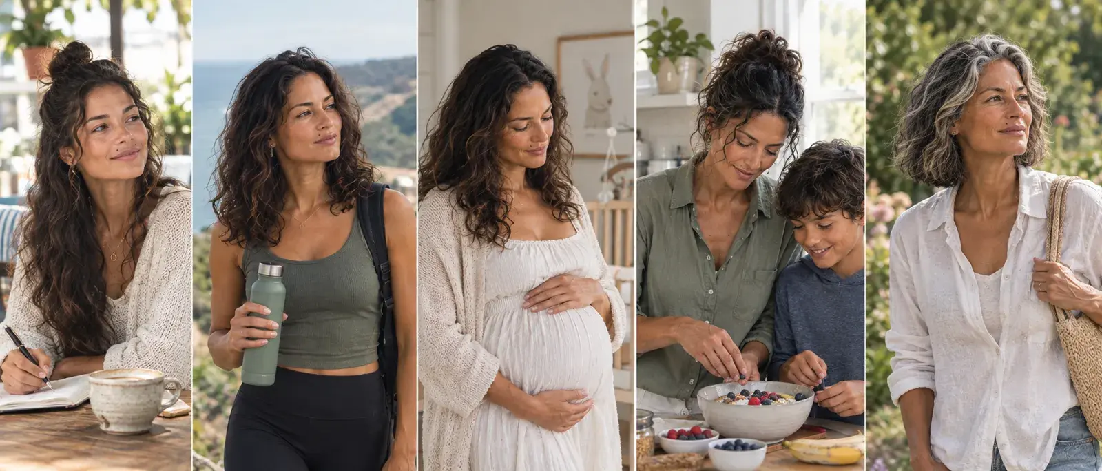 Five women at different life stages, from young adult to pregnancy, motherhood and midlife